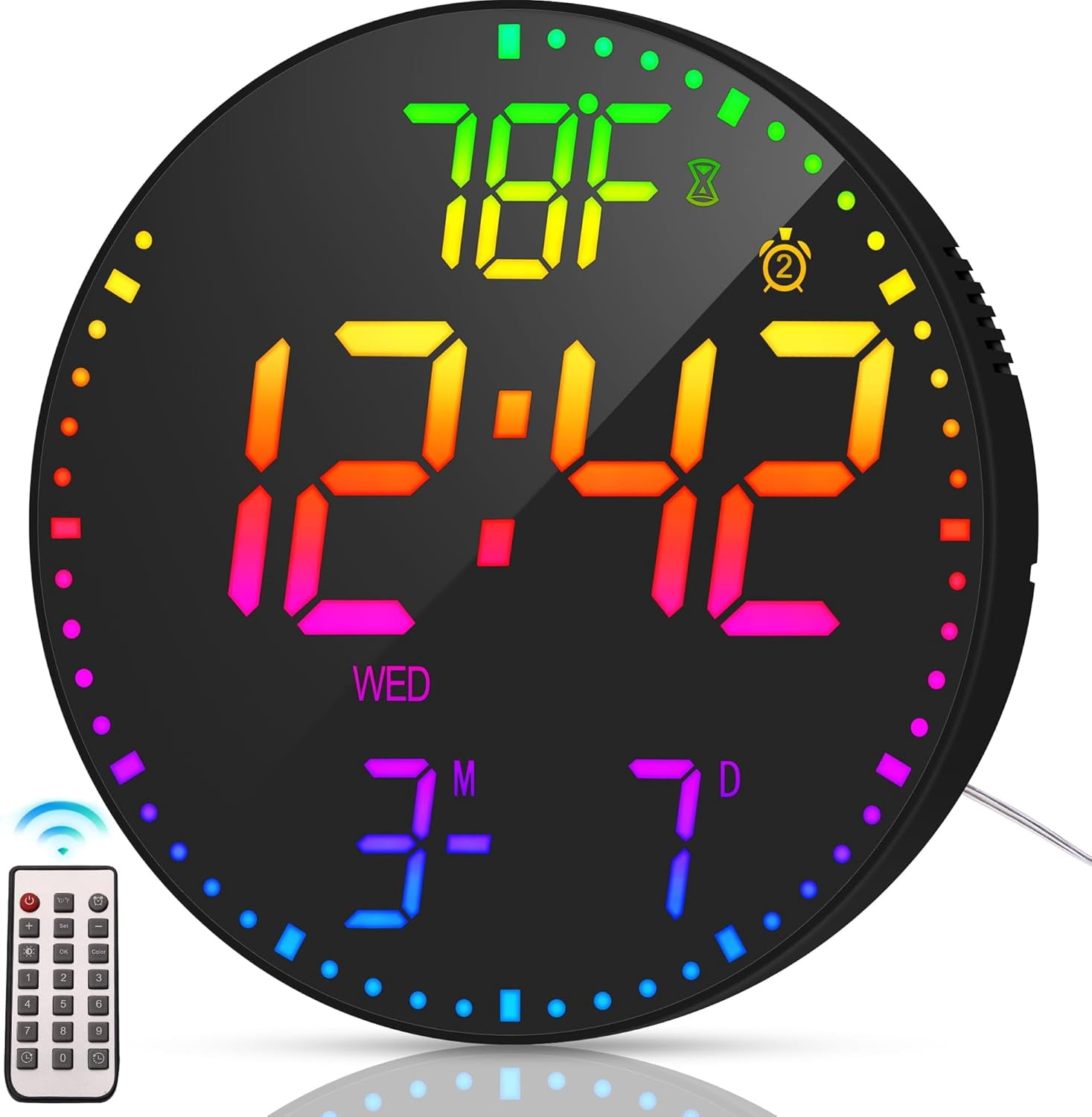 Alampan 12 Large Digital Wall Clock with Remote Control, Corded RGB LED Clock with Alampan 12 Large Digital Wall Clock with Remote Control, Corded RGB LED Clock with