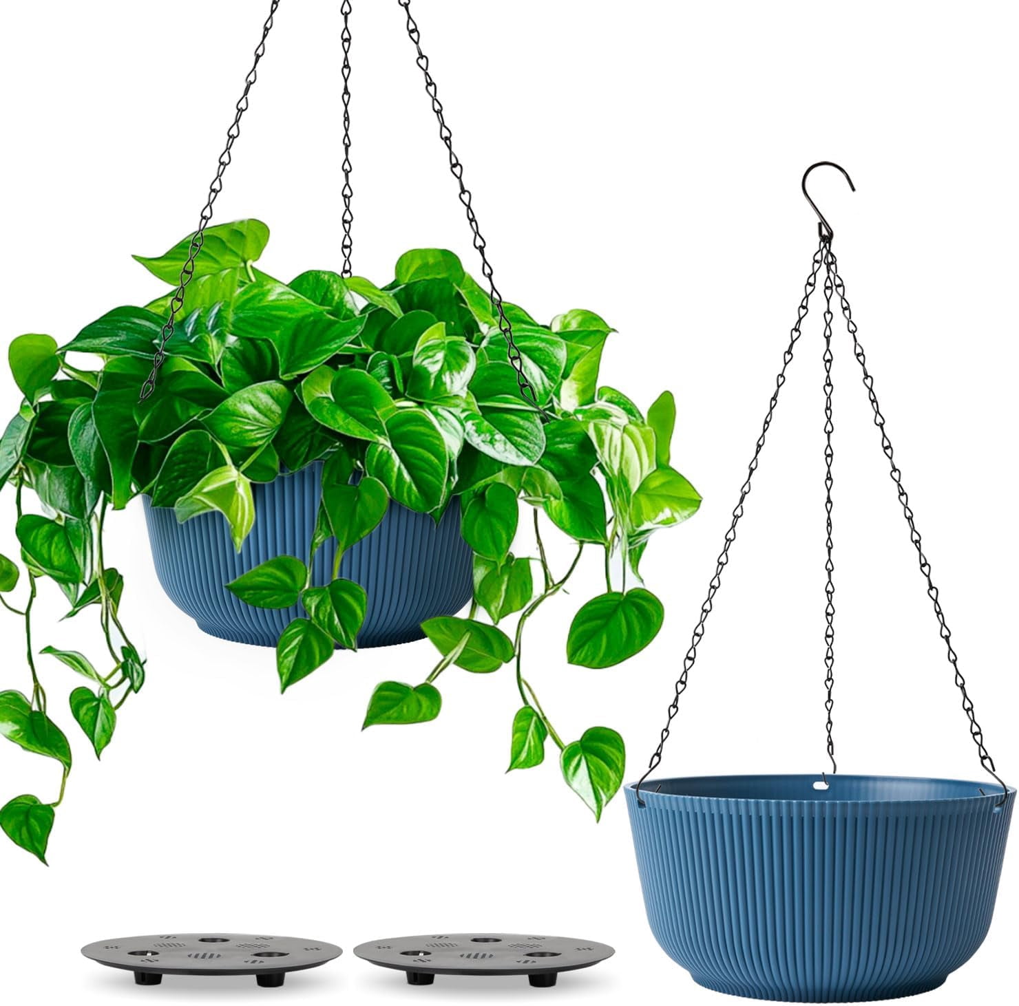 12 Inch Large Hanging Planters for Outdoor Plants, 2 Pack Self Watering Pots Indoor, Hanging Baskets for Plants,Hanging Flower Pot with Drainage Hole and Plant Hanger, Blue