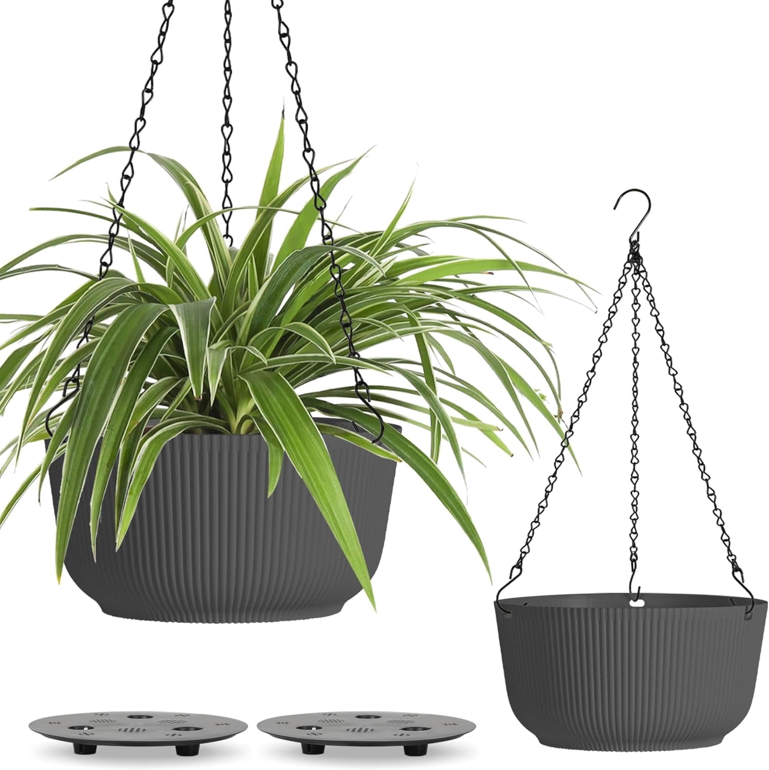 12 Inch Large Hanging Planters for Outdoor Plants, 2 Pack Self Watering Pots Indoor, Hanging Baskets for Plants,Hanging Flower Pot with Drainage Hole and Plant Hanger, Grey