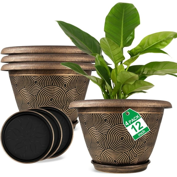 12 Inch Large Planter Pot for Plants Indoor Outdoor, 4 Pack Plastic Flower Pots with Drainage Hole & Tray, Modern Decorative Garden Pot with Saucer, Plant Container for House