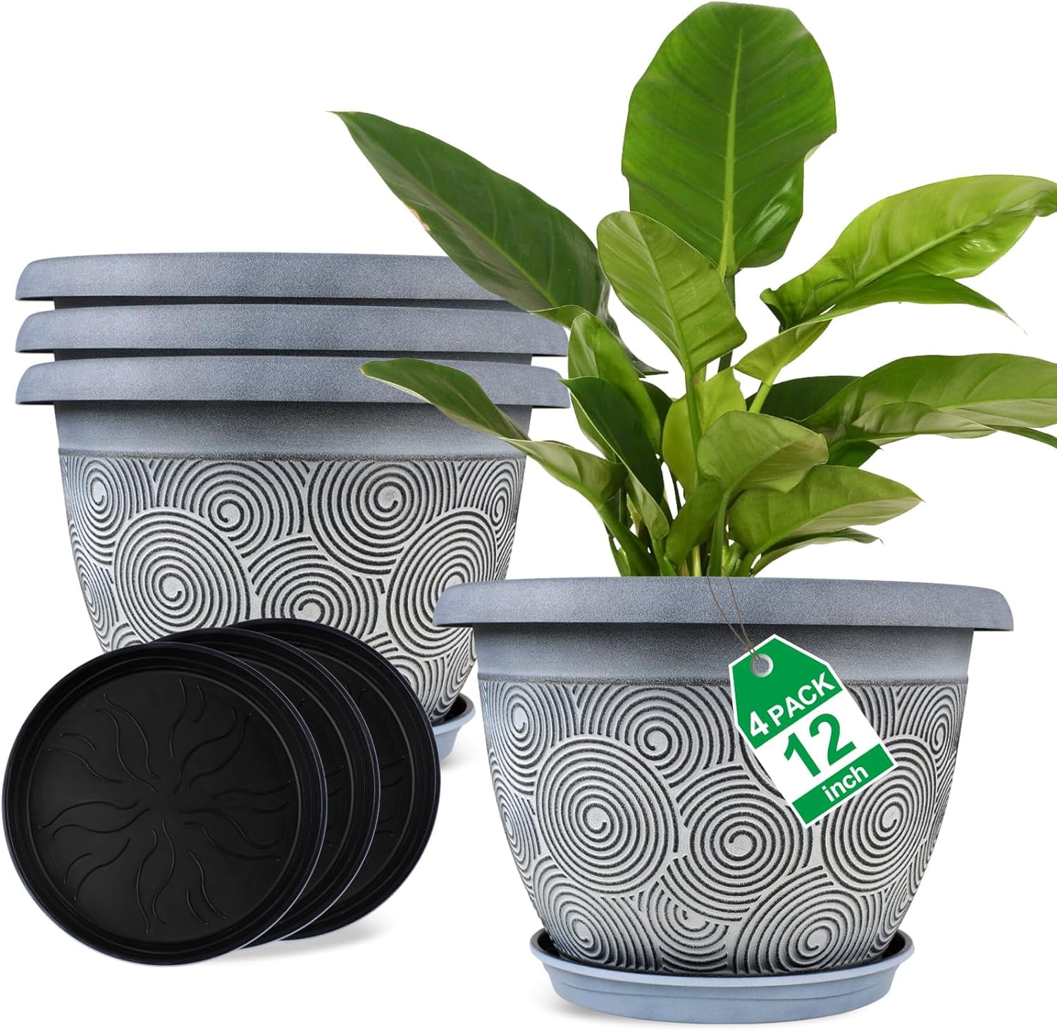 12 Inch Large Planter Pot for Plants Indoor Outdoor, 4 Pack Plastic ...