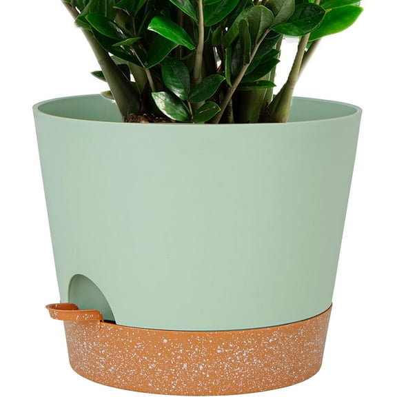 12 Inch Large Self-Watering Planter, Plastic Cylindrical Planter with 60 oz Deep Water Tank and Tray, Suitable for Indoor and Outdoor Plants and Flowers Pots, Black with Brown