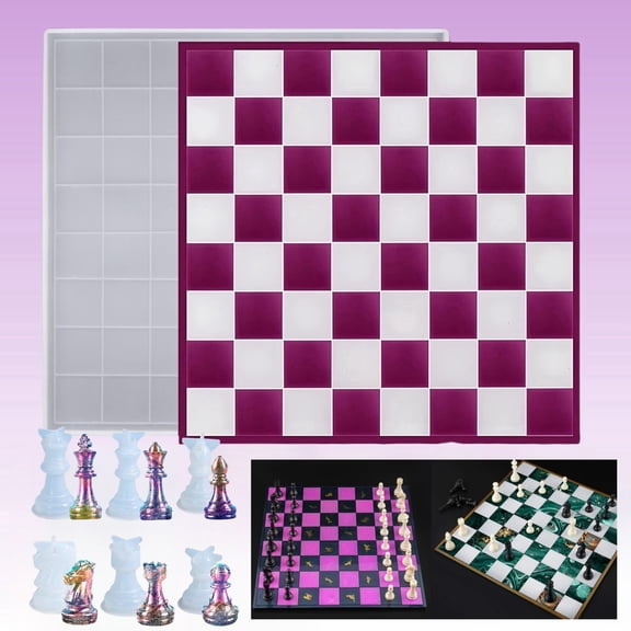 12 Inch Large Size Checkers Chess Board Silicone Mold, 6 Pcs 3D Chess Piece Epoxy Resin Mold for DIY Chessboard Game Props Making