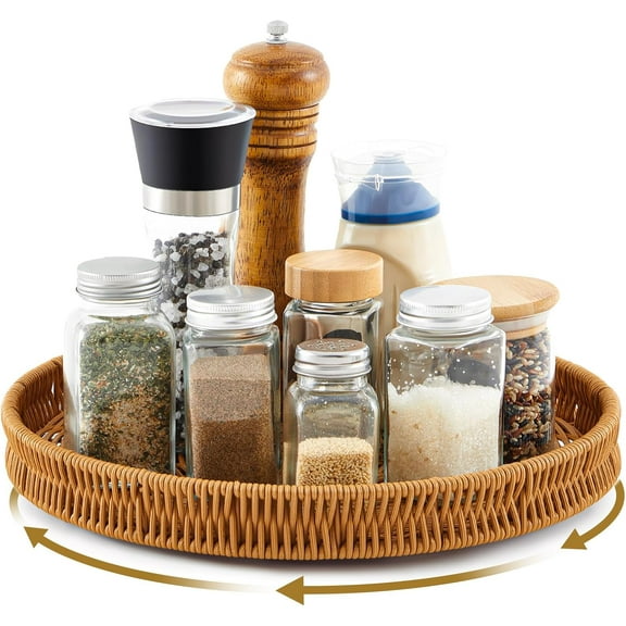12 Inch Lazy Susan Organizer, Rattan Round Turntable, Lazy Susan for Table Top, Wicker Tray Hand Woven, Wicker Plate Rotating Spice Rack for Kitchen Cabinet Countertop Storage Essential