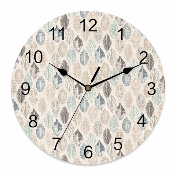 12 Inch Leaves Specimens Wall Clock, Blue Khaki Teal Grey Burlap Background Battery Operated Silent Non Ticking Clocks, Easy to Read Round Wall Clock for Kitchen/Living Room/Bedroom/Bathroom