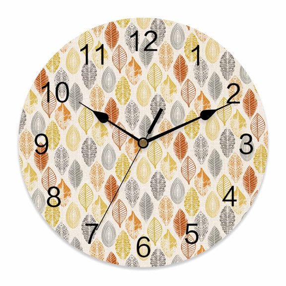 12 Inch Leaves Specimens Wall Clock, Grey Yellow Orange Burlap Background Battery Operated Silent Non Ticking Clocks, Easy to Read Round Wall Clock for Kitchen/Living Room/Bedroom/Bathroom