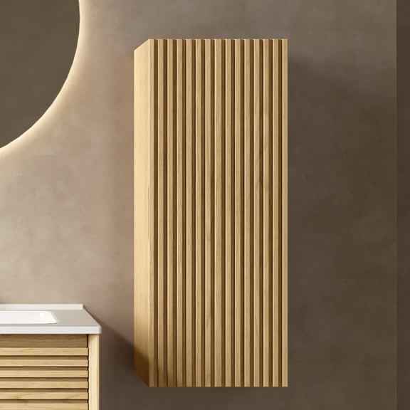12 Inch Light Oak Wall Mounted Floating Bathroom Side Cabinet with Door Shelf