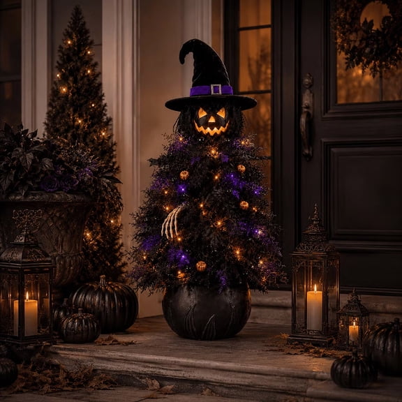 12-Inch Light-Up Halloween Witch Tree, Porch Entryway Indoor Fireplace Decor