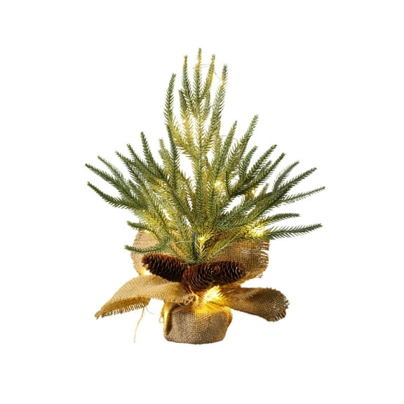 12-Inch Lighted Tabletop Christmas Tree – Pre-Lit Mini Artificial Tree with Red Berries, Pinecones & Burlap Base for Holiday Desk, Home, Kitchen, or Office Decor