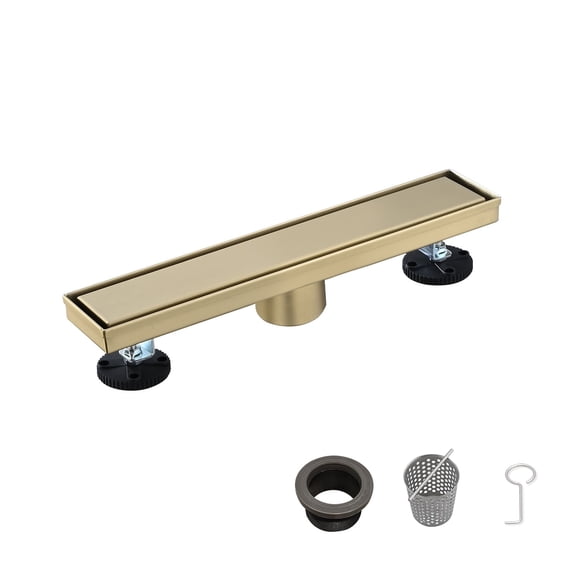 12 Inch Linear Shower Drain - 2-in-1 Flat & Tile Insert Removable Cover 304 Stainless Steel with Hair Strainer & Leveling Feet Brushed Gold