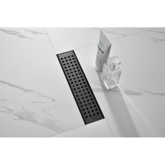 12 Inch Linear Shower Drain - Removable Square Patterned Grate 304 Stainless Steel with Hair Strainer & Leveling Feet Matte Black