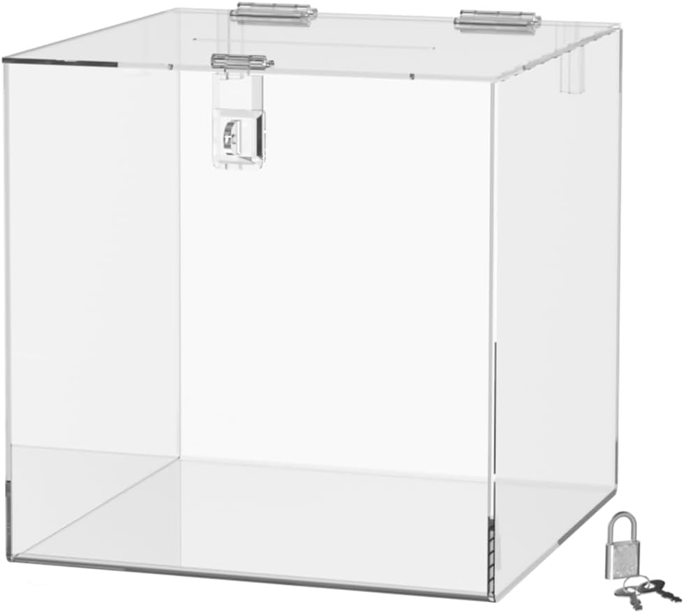 12 Inch Locking Ballot Box Clear Acrylic Square Cube Top Locking See ...