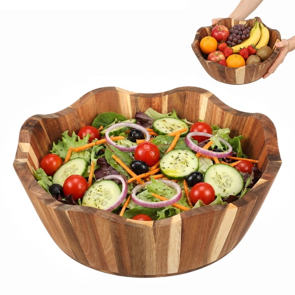 12 Inch Mango Wood Bowl Large Scalloped Serving Bowl for Salad Fruit Bread and Snacks, Decorative Wooden Kitchen Counter Decor