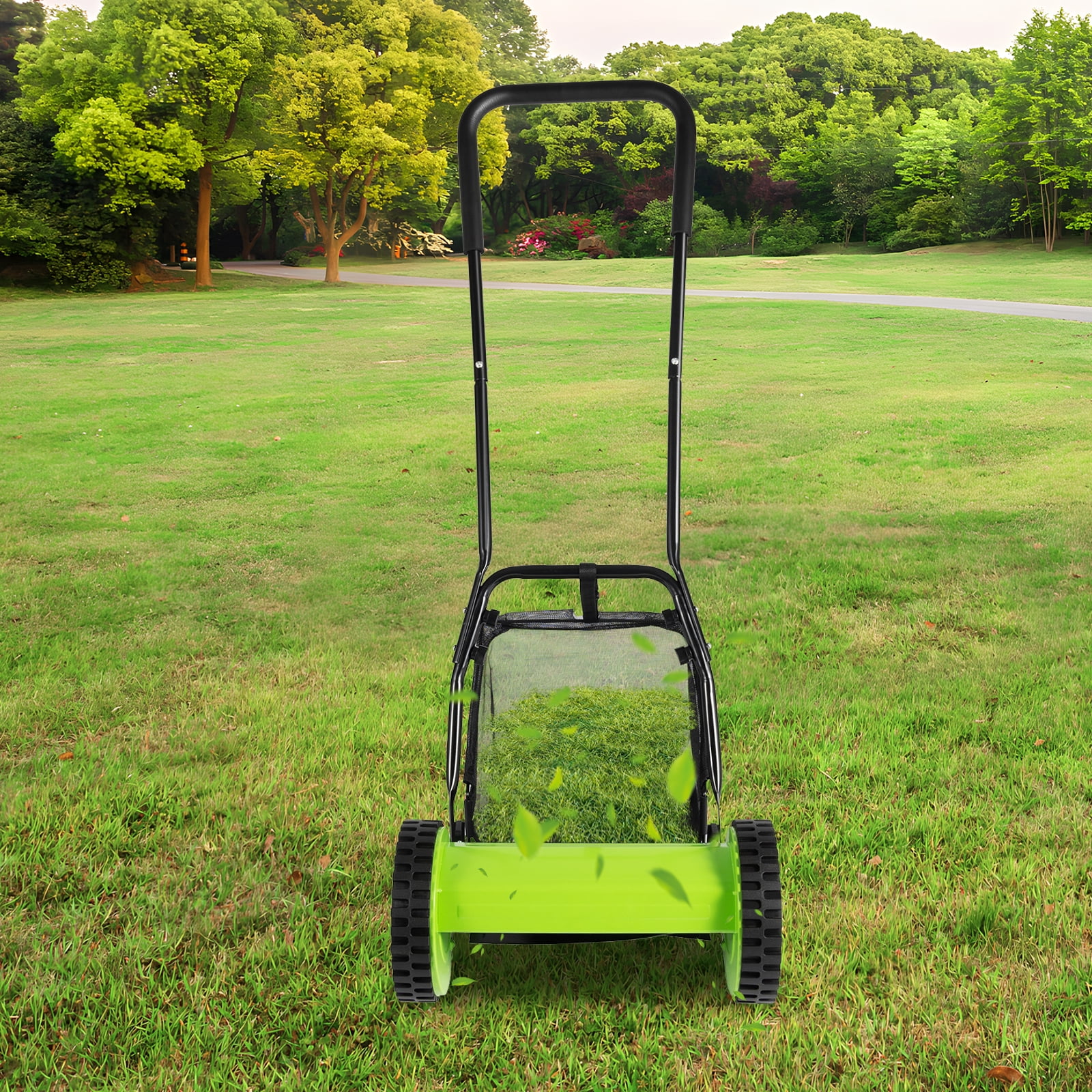 12-Inch Manual Reel Lawn Mower, 5-Blade Push Lawn Mower with 6-Gal Grass Catcher, Adjustable Cutting Height, Quiet Motorless Walk-Behind Grass Cutter for Small Yard, Garden, Lawn & Sidewalk
