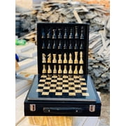 12-Inch Marble Chess Set with Hand-Carved Pieces   Includes Black Faux Leather Storage Gift Box Black and Coral