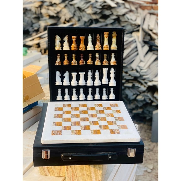 12-Inch Marble Chess Set with Hand-Carved Pieces Includes Black Faux Leather Storage Gift Box WHITE BROWN