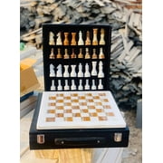12-Inch Marble Chess Set with Hand-Carved Pieces   Includes Black Faux Leather Storage Gift Box WHITE BROWN