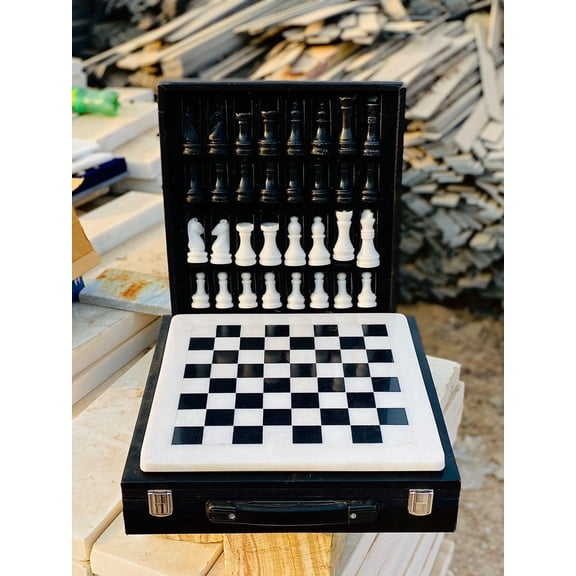 12-Inch Marble Chess Set with Hand-Carved Pieces Includes Black Faux Leather Storage Gift Box (White Black)