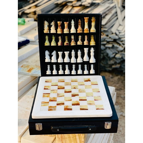12-Inch Marble Chess Set with Hand-Carved Pieces Includes Black Faux Leather Storage Gift Box ( White and Green)