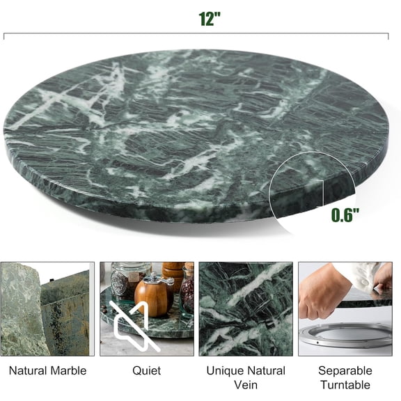 12 Inch Marble Lazy Susan Turntable - Natural Stone Serving Tray with Silent Spinning for Kitchen Counter, Cake Stand & Cheese Board Display