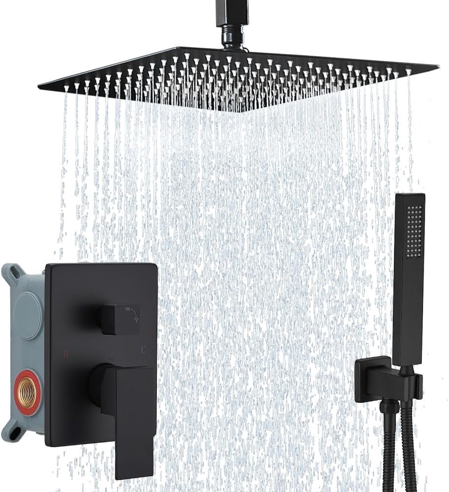 12 Inch Matte Black Ceiling Mount Shower System Bathroom Luxury Rain ...