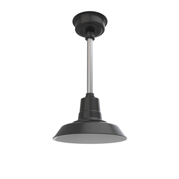 12" Inch Matte Black Vintage Barn Light with a Silver Downrod and Standard Base