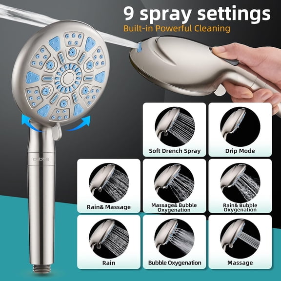 12 Inch All Metal 3-Way Rain Shower Head, High Pressure Shower Head, Dual Shower Heads with Handheld Spray Combo - 9 Spray Filtered Shower Head, Brushed Nickel