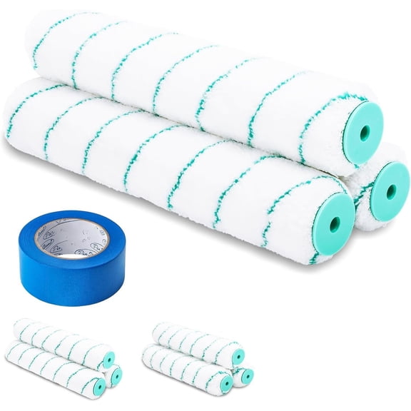 12 Inch Microfiber Roller Covers, 3 count 3/8" Nap Rollers with A Professional Painters Tape, 12" Non-Shedding Large Cover Refills for Painting Smooth Walls, Ceilings, Floors, Garage