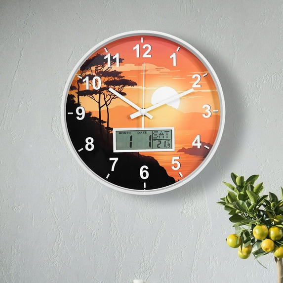 12 Inch Mondern Wall Clock With Week Date Temperature of LCD,Sunset,White