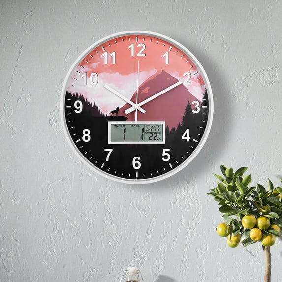 12 Inch Mondern Wall Clock With Week Date Temperature of LCD,Wolves Howling,White