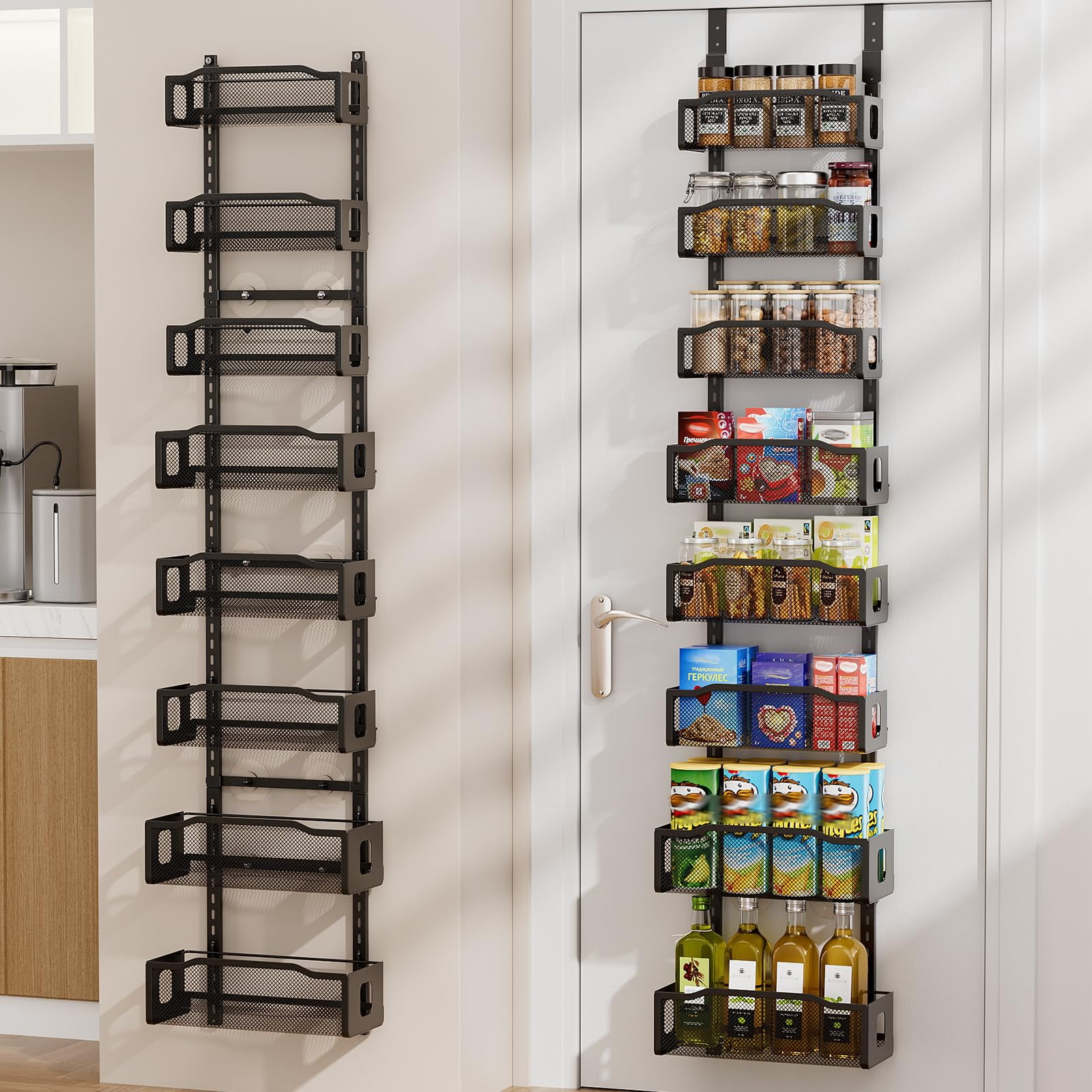 Adjustable Storage Wall Racks 12 Inch Narrow Over the Door Pantry Storage Organizer, 8 Tier 2in1 Wall ...