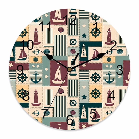 12 Inch Nautical Sailboat Wall Clock, Anchor Star Navy Striped Shell Plaid Battery Operated Silent Non Ticking Clocks, Easy to Read Round Wall Clock for Kitchen/Living Room/Bedroom/Bathroom