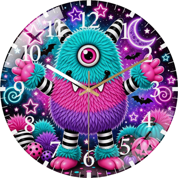 12 Inch  Neon Cyclops- Monster- Glass Wall Clock for Halloween- Fall Hanger Office Room, Living Room, Bedroom Or Kitchen