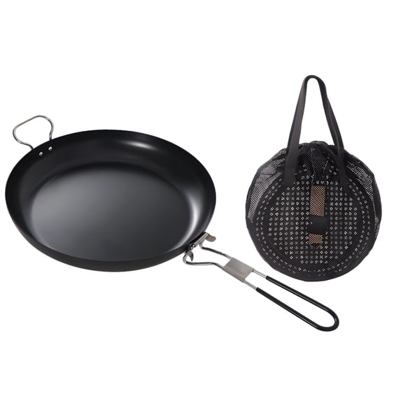 12-Inch Non-Stick Frying Pan with Folding Handle and Storage Bag, Portable Outdoor Camping Skillet with Flat Bottom, Heavy-Duty Steel for Even Heating,1.8 lbs / 826 g