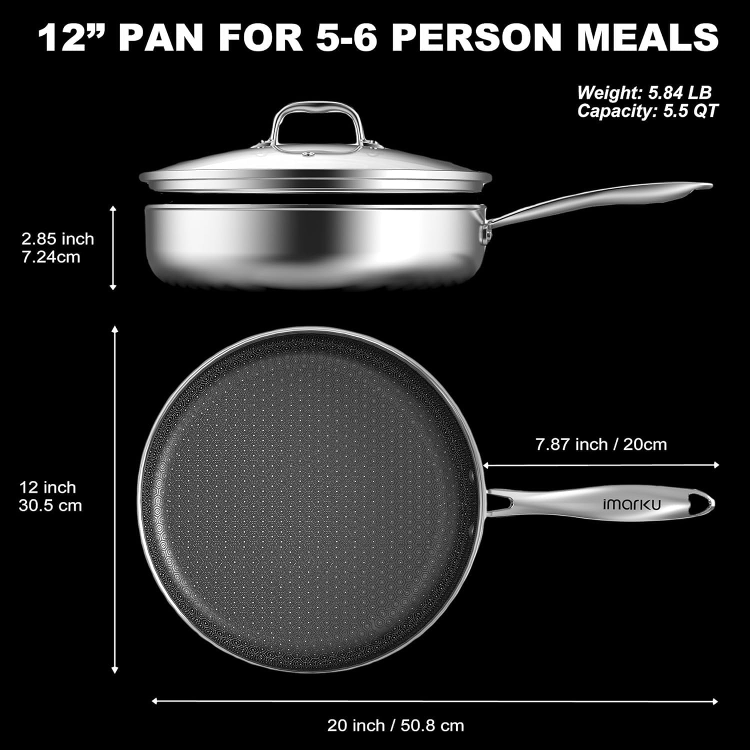 12 Inch Non Stick Frying Pan with Lid, Stainless Steel Deep Skillet with Ceramic Coating for Family Meals Induction Cookware Oven Dishwasher Safe PFOA