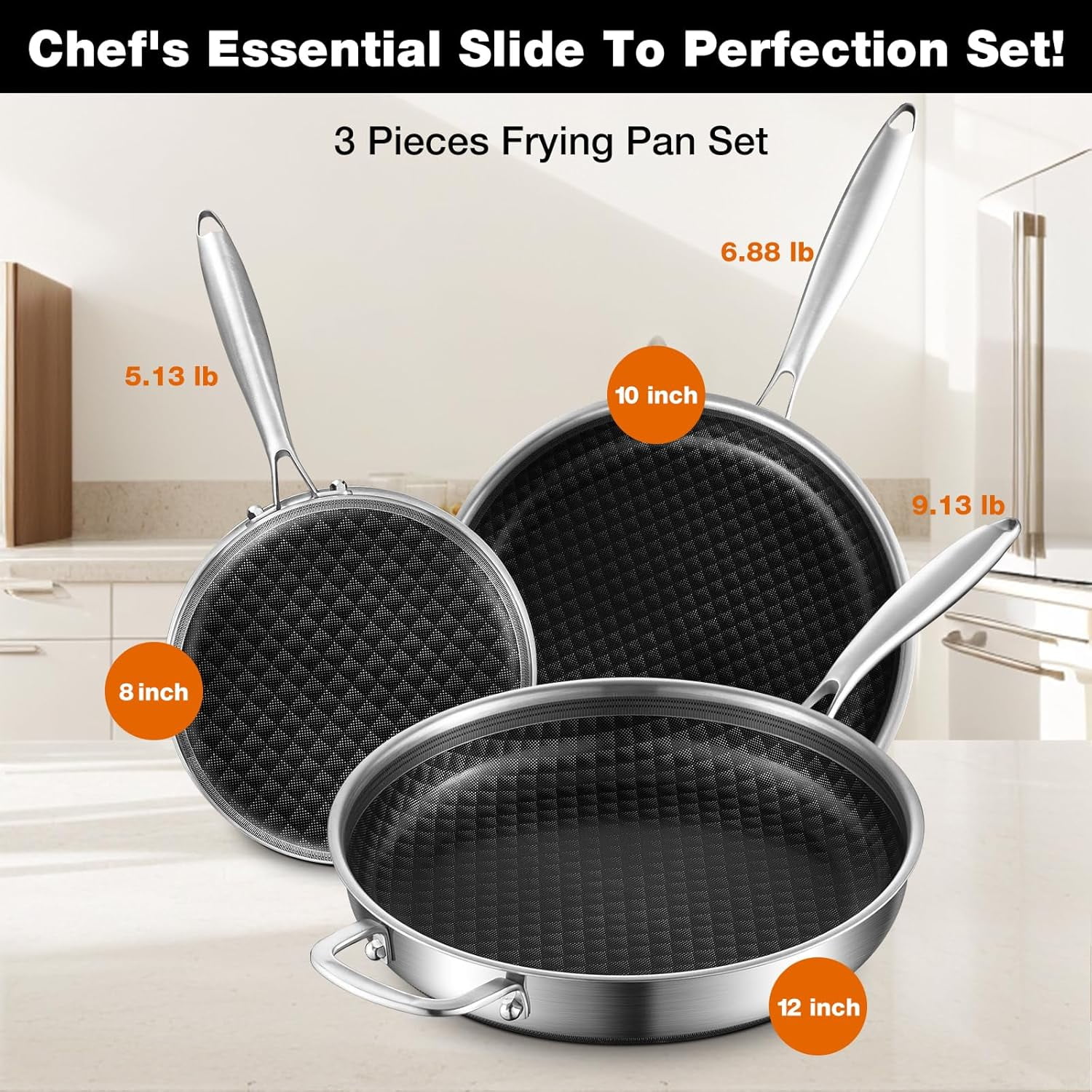 12-Inch Non Stick Frying Pan Set with Lid, Ceramic Coating Stainless Steel Skillet for Induction Gas Oven Safe