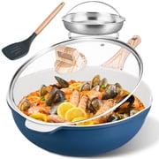 12 Inch Nonstick Ceramic Deep Frying Pan,5.5QT Saut  Pan with lid,Large Skillet with Steam Rack,Healthy Jumbo Cooker,Stay Cool Handle,Induction Compatible BLUE