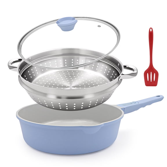 12 Inch Nonstick Deep Frying Pan with Steamer, Ceramic Skillet with Lid, Steamer Pan for Cooking, 5 QT Saute Pan with Detachable Handle