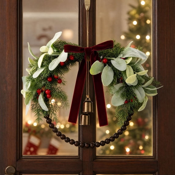 12 Inch Norfolk Pine Christmas Wreath, Artificial Greenery Wreath with Red Berries, Velvet Bow, Bells and Wood Beads for Front Door Wall Mantel Holiday Decor