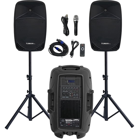 12 Inch PA Speaker System 1000W High Powered Bluetooth Compatible Active + Passive Pair, Karaoke Machine with FM Radio & Remote, Includes 2 Stands, Wired Mic, SD/USB Input for Party, DJ, Wedding