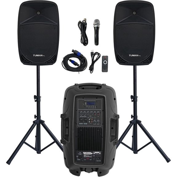 12 Inch PA Speaker System 1000W High Powered Bluetooth Compatible Active + Passive Pair, Karaoke Machine with FM Radio & Remote, Includes 2 Stands, Wired Mic, SD/USB Input for Party, DJ, Wedding