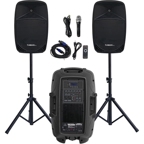 12 Inch PA Speaker System 1000W High Powered Bluetooth Compatible Active + Passive Pair,  Karaoke Machine with FM Radio & Remote, Includes 2 Stands, Wired Mic, SD/USB Input for Party, DJ, Wedding