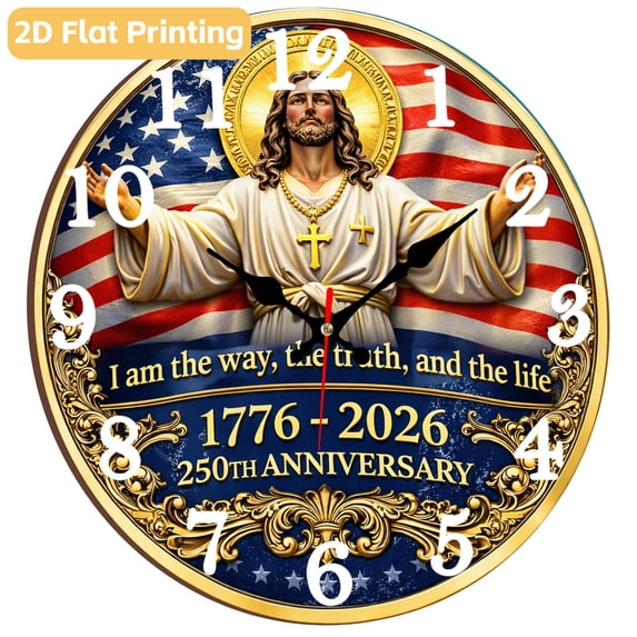 12 Inch Patriotic Wall Clock, USA 250th Anniversary Wooden Round Wall Clocks with Silent Non-Ticking Quartz Movement, Battery Operated, Art Decor Hanging Clock for Kitchen, Bedroom, Living Room