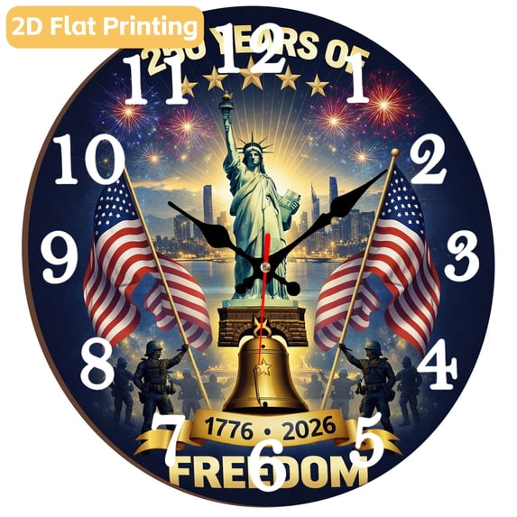 12 Inch Patriotic Wall Clock, USA 250th Anniversary Wooden Round Wall Clocks with Silent Non-Ticking Quartz Movement, Battery Operated, Art Decor Hanging Clock for Kitchen, Bedroom, Living Room