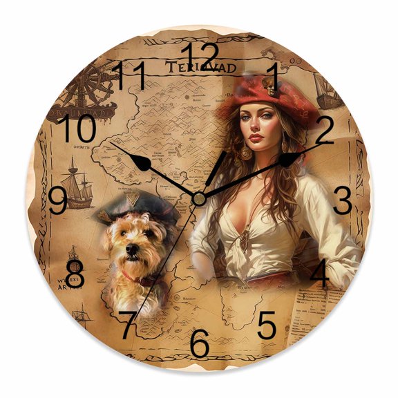 12 Inch Pirate Girl Wall Clock, Cute Dog Treasure Map Battery Operated Silent Non Ticking Clocks, Easy to Read Round Wall Clock for Kitchen/Living Room/Bedroom/Bathroom