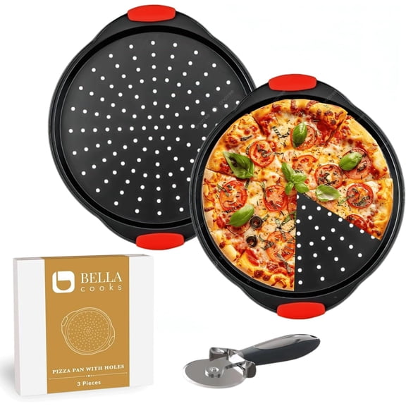 12 Inch Pizza Crisper Pan Set of 2 Non-Stick Perforated Tray for Crispy Crust, Heat-Resistant Carbon Steel Baking Pans, Dishwasher Safe Oven Trays Even Heating & Air Circulation