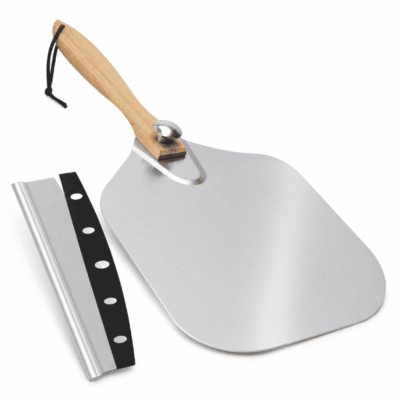 Pizza Peel Aluminum 12 inch Foldable Wood Handle with Cutter for Dough Bread Pastry Baking Kitchen