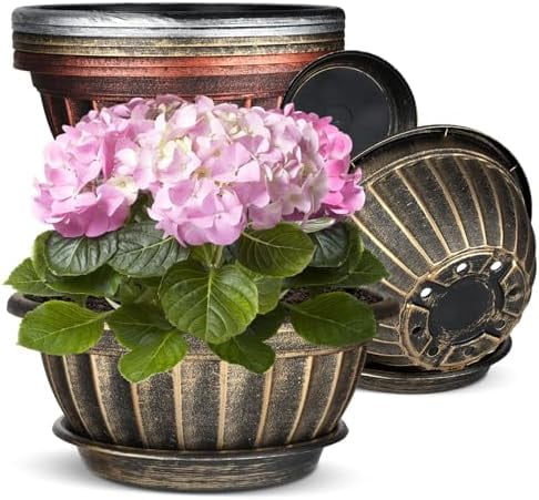 12 Inch Plant Pots, 6-Pack Plastic Wide Ribbed Planters with Drain ...