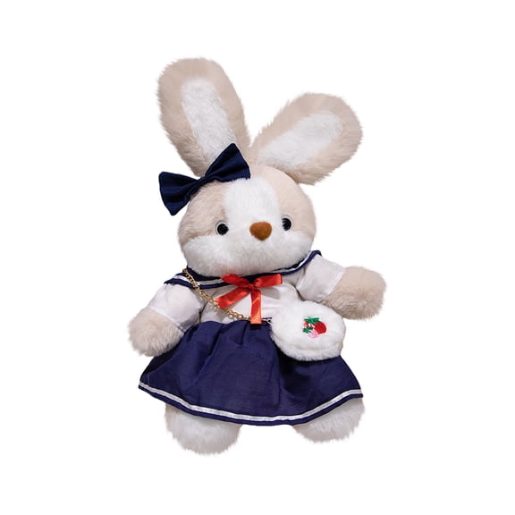 12 Inch Plush Goodnight Bunny Toy with Student Dress & Strawberry Bag Set - Soft Stuffed Animal with Bowknot, No Tags Included - For Kids Toddlers, Bedroom Decor, Playtime, Birthday Holiday Gifts