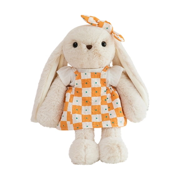 12-Inch Plush Rabbit Stuffed Animal - Soft Fluffy Material, Cute Orange Checkered Dress with Bow, Comfortable Cuddly Toy - For Kids, Toddlers, Suitable for Nursery Decor, Playtime, Bedtime Cuddling